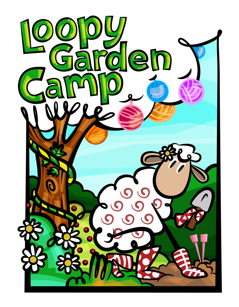 Loopy the wooly sheep mascot of The Loopy Ewe kicks off Loopy Garden Camp by working in the garden - planting her knitting needles while balls of yarn hang decoratively from a tree behind her and daisies bloom next to her. 