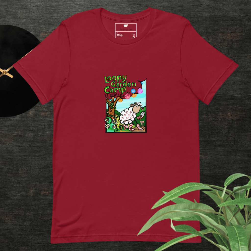 Loopy Garden Camp logo on a red t-shirt.