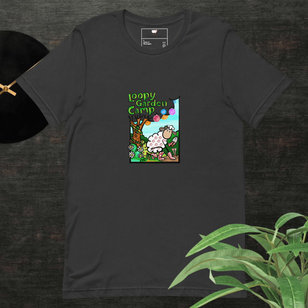 Loopy Garden Camp logo on a dark gray t-shirt.
