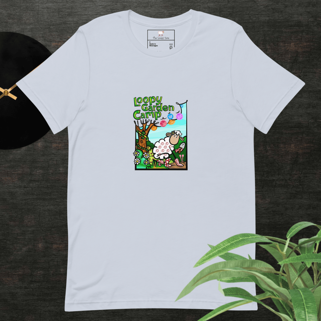 Loopy Garden Camp logo on a light blue t-shirt.
