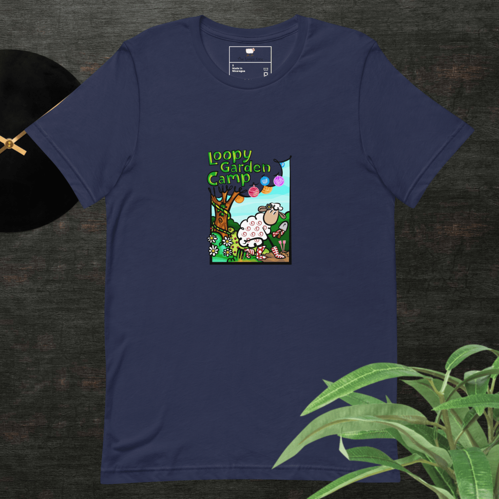 Loopy Garden Camp logo on a navy t-shirt.