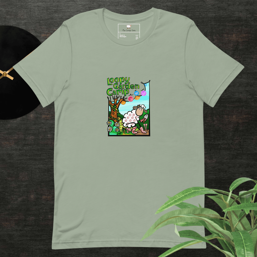 Loopy Garden Camp logo on a sage t-shirt.