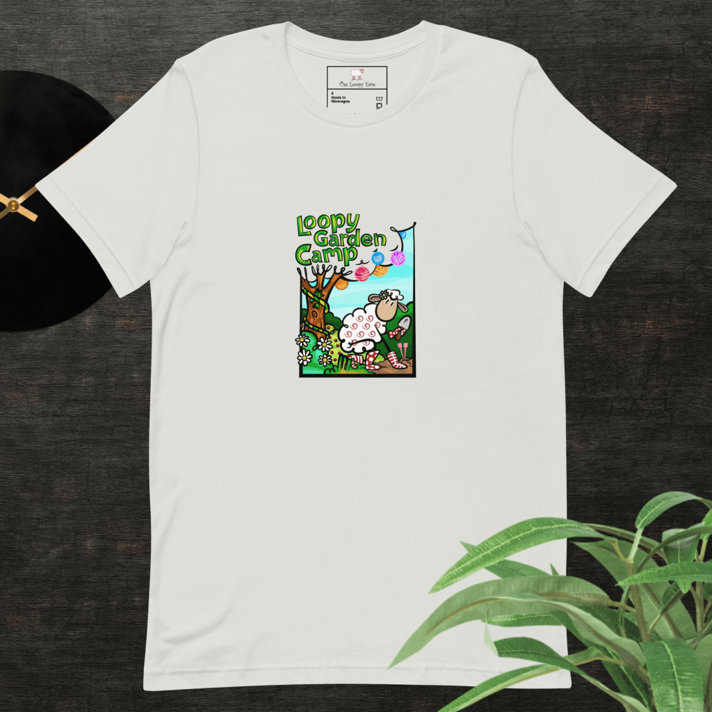 Loopy Garden Camp logo on a Silver t-shirt.