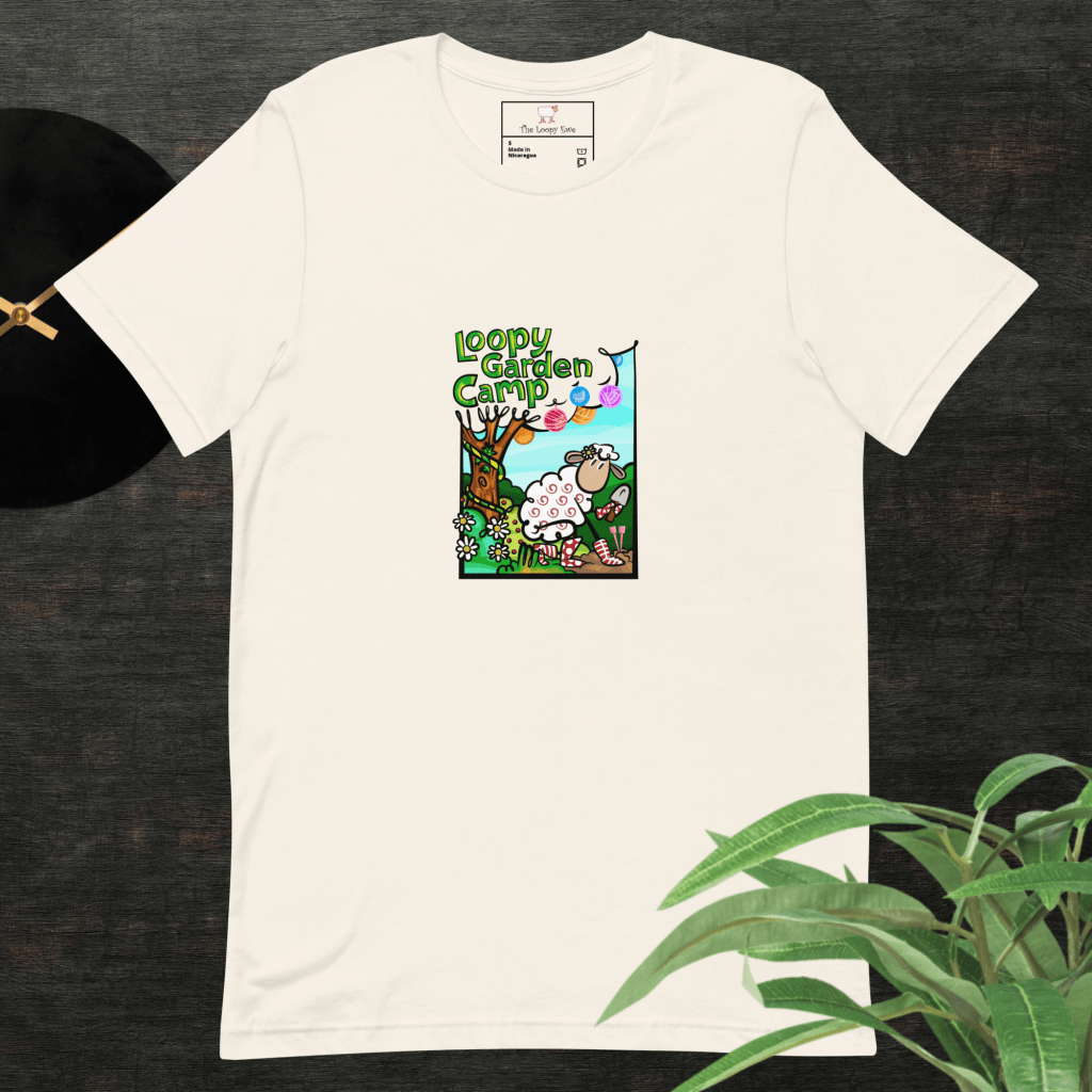 Loopy Garden Camp logo on a natural white t-shirt.